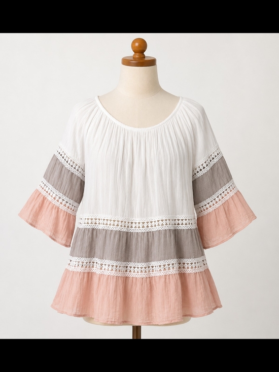 No Tag Tops - Boho Tiered Peasant Tunic with Crochet Trim - White, Taupe & Blush